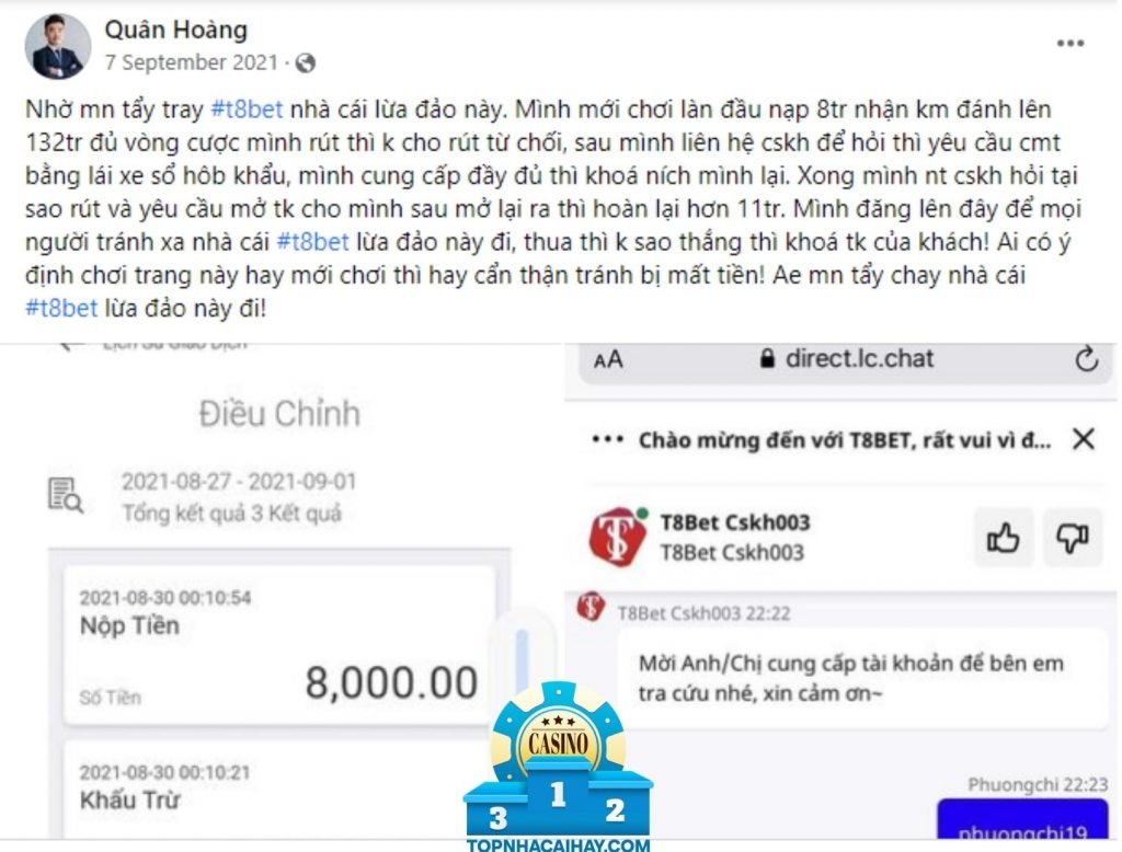 Nickname Quân Hoàng bốc phốt nhà cái T8bet